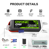 Lot de 2 batteries Lipo OVONIC 6S 22,2 V 50 C 4 500 mAh RC Lipo EC5 Plug Softcase pour drone de course de classe X